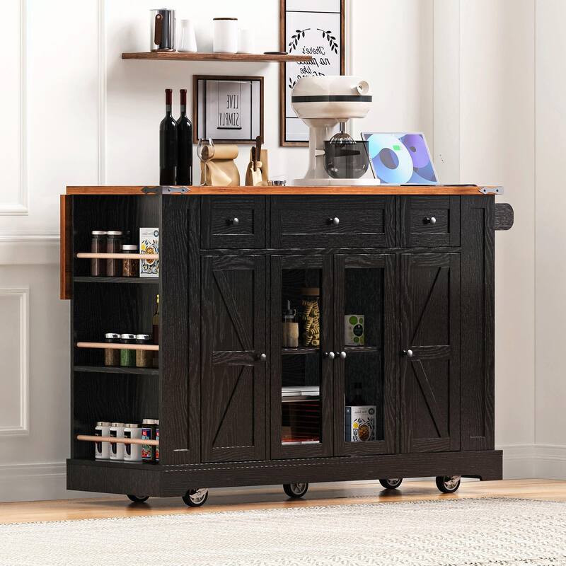 53'' Rolling Farmhouse Kitchen Island - Two Glass Cabinet Doors with Power Outlet