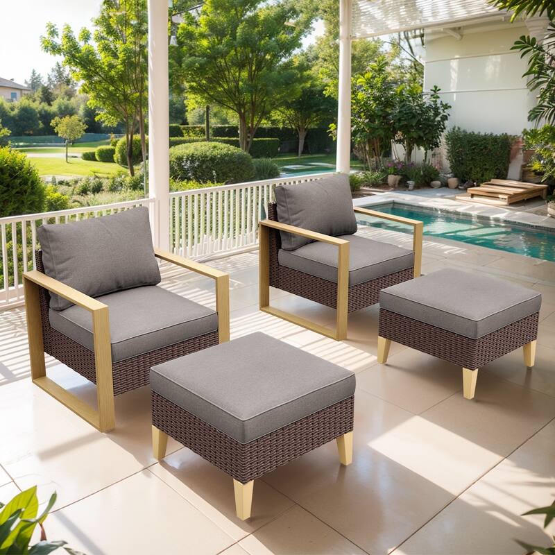 4 Pieces Outdoor Chair Patio Chair Ottoman - Grey - Brown