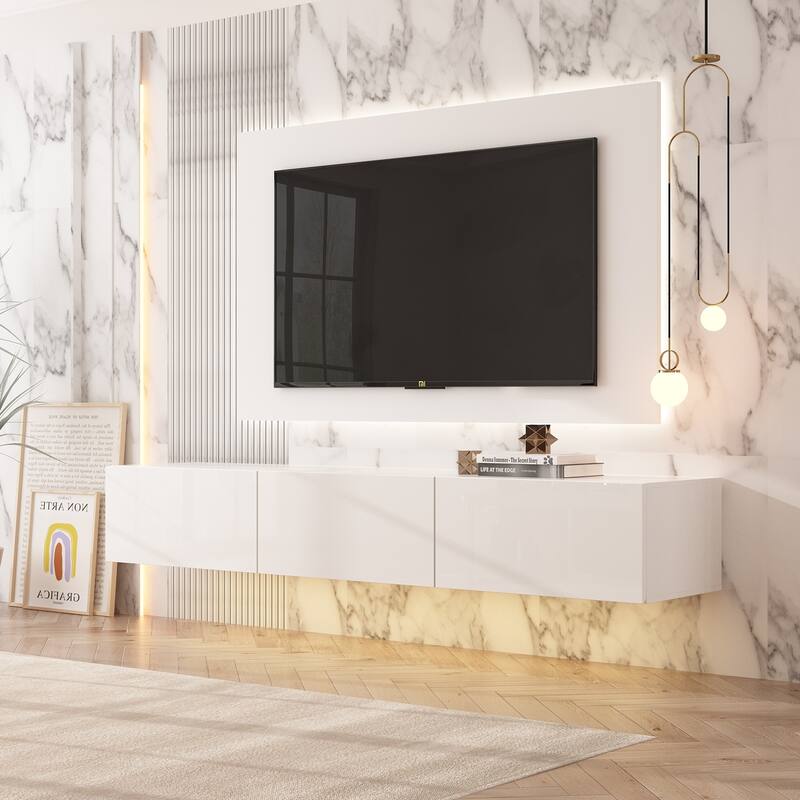 63" Floating Entertainment Center, Wall Mount LED TV Stand High Gloss
