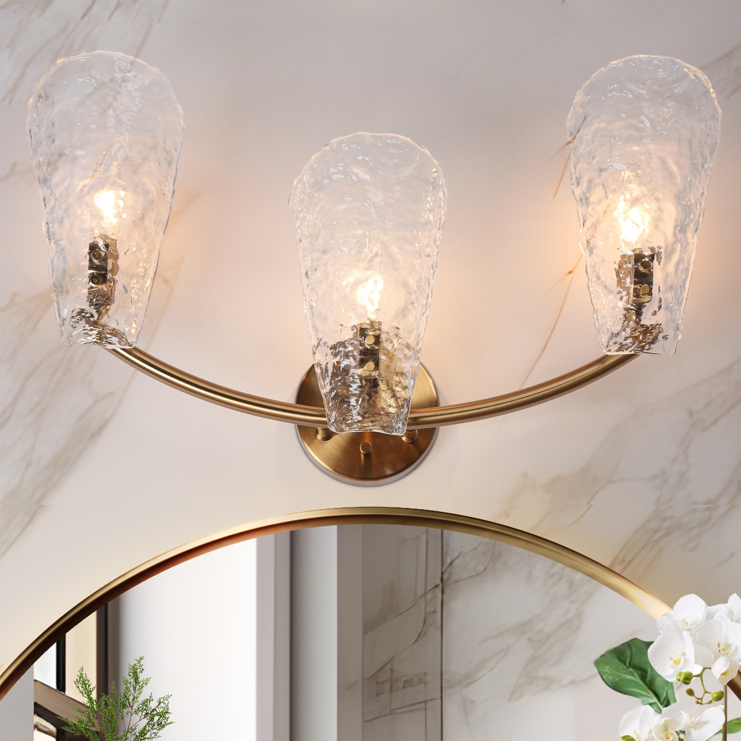 Fenro Modern 3-Light Luxury Brass Bathroom Vanity Light Textured Glass Wall Sconce