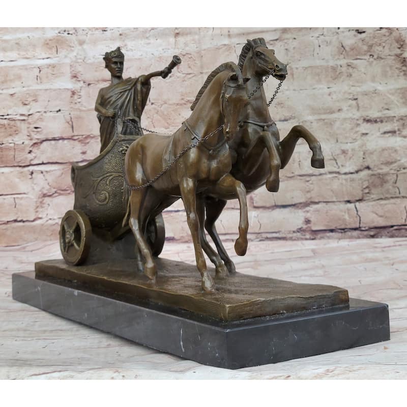 Roman Caesar Pulled By Horses On Chariot Bronze Statue Sculpture Figure 11 Inches X 17 Inches