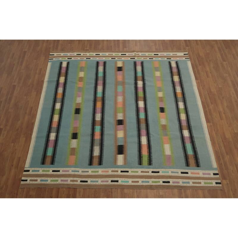 Hand Woven Oriental 100% Wool Carpet Southwestern Modern Navy Blue & Blues Kilim Area Rug - 9' 10'' X 9' 6''