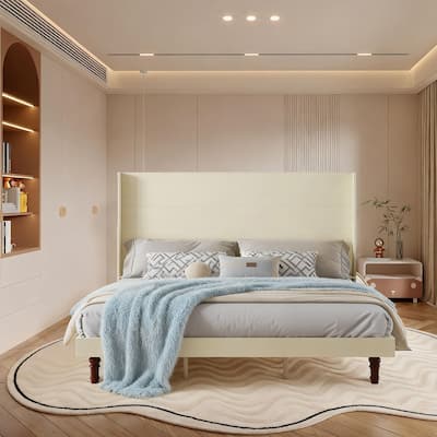 Modern Wooden Platform Bed with High Wingback Headboard - No Box Spring Needed