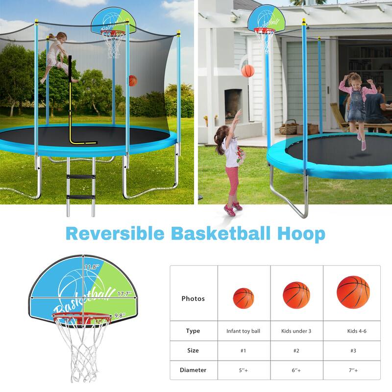 Kids Recreational Trampoline - Basketball Hoop, Safety Enclosure Net, Ladder, Backyard Use - Blue - 96
