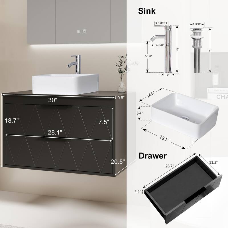 Modern Wall Mounted Bathroom Vanity Set with Vessel Sink & Faucet