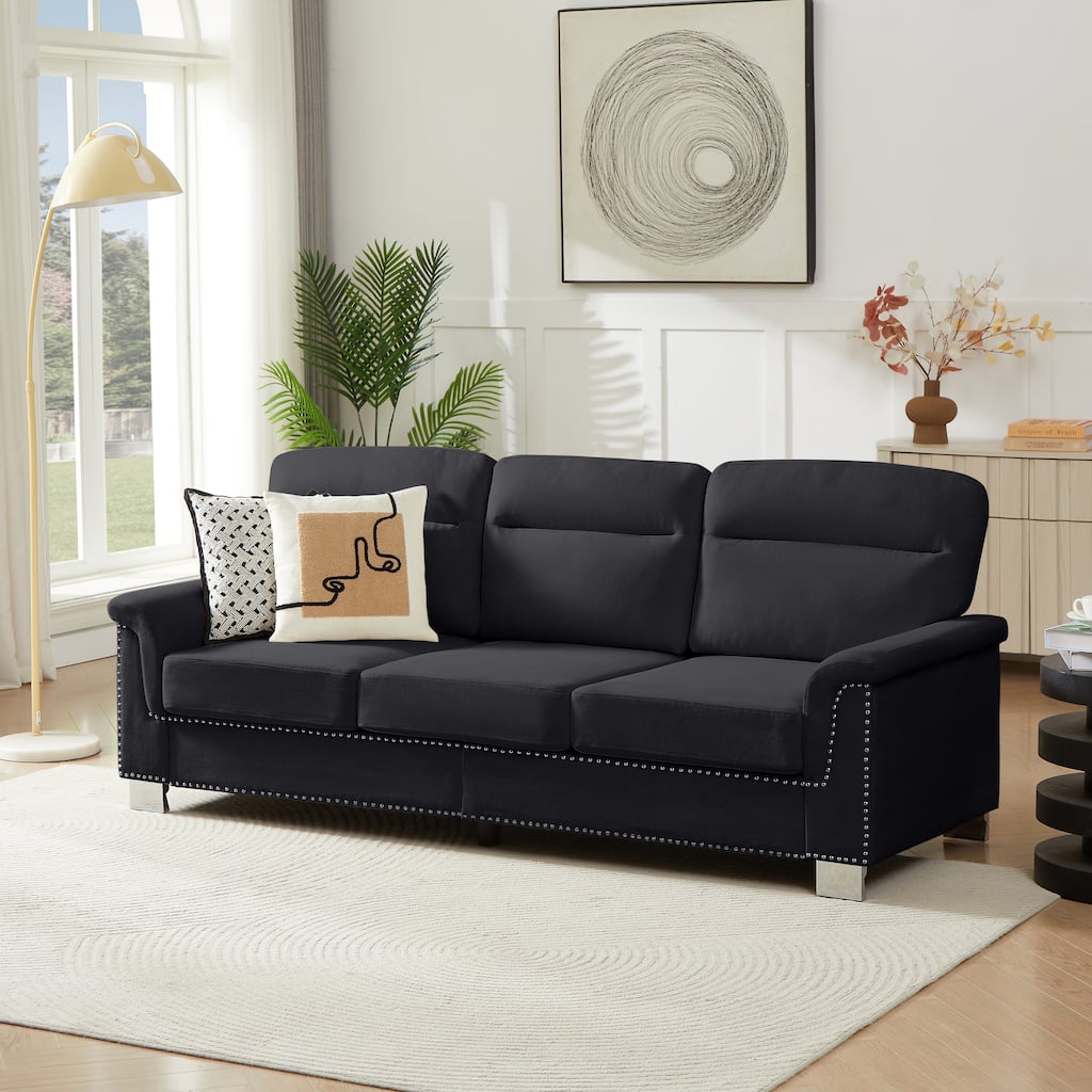 Compressed Snowfleece Fabric 3-Seater Sofa, Straight-Row Sofa with Rolled Arms, High Resilience Foam Upholstered Sofa