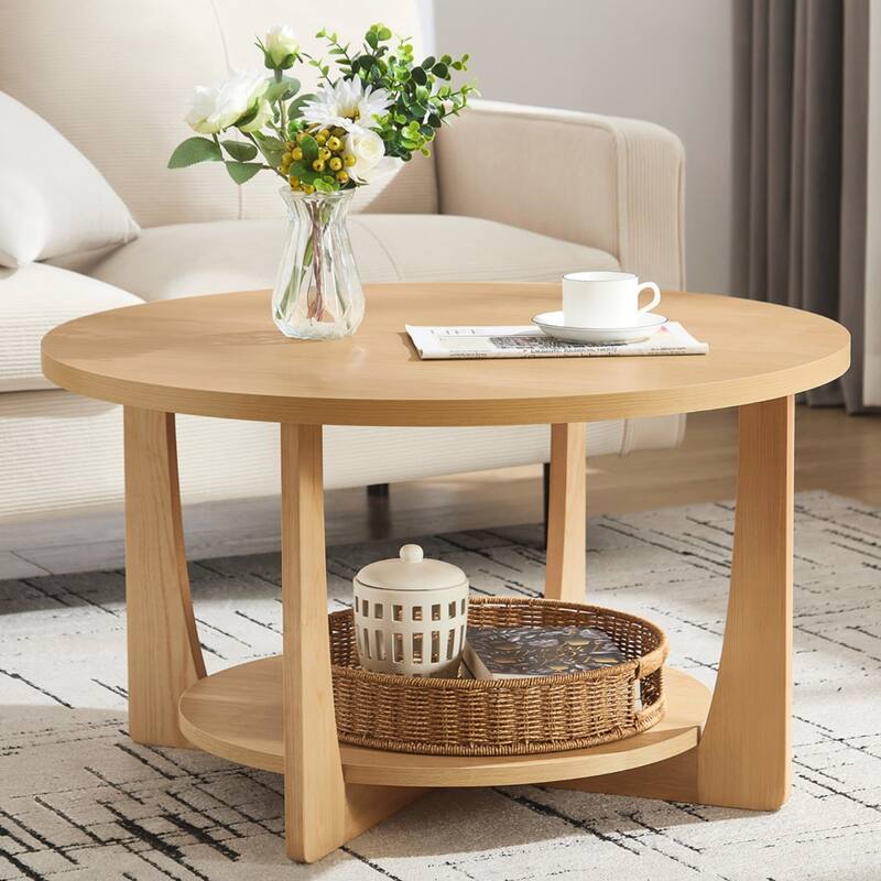 31.5" Round Coffee Table with Solid Wood Legs and 2-Tier Storage - 31.5"Dia x 17.72"H