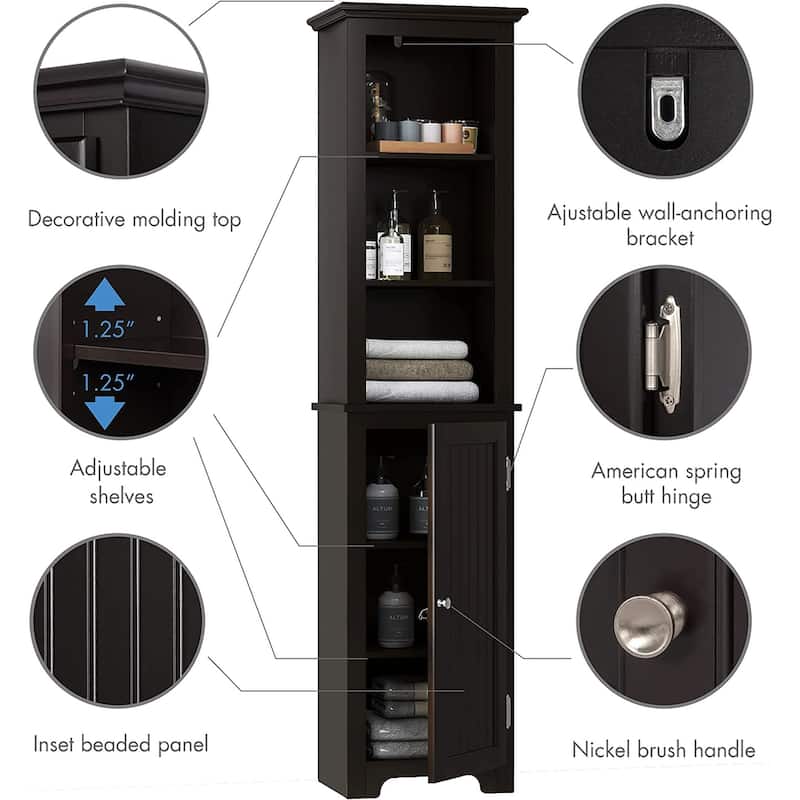 UTEX 64" Freestanding Storage Cabinet, Bathroom Tall Cabinet with Doors and Shelves, Free Standing Linen Tower
