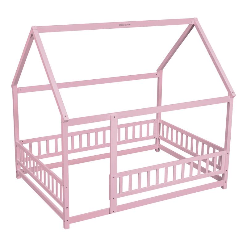 Full Size Wooden Floor Bed with House Roof Frame, Fence Guardrails for Kids, Bedroom