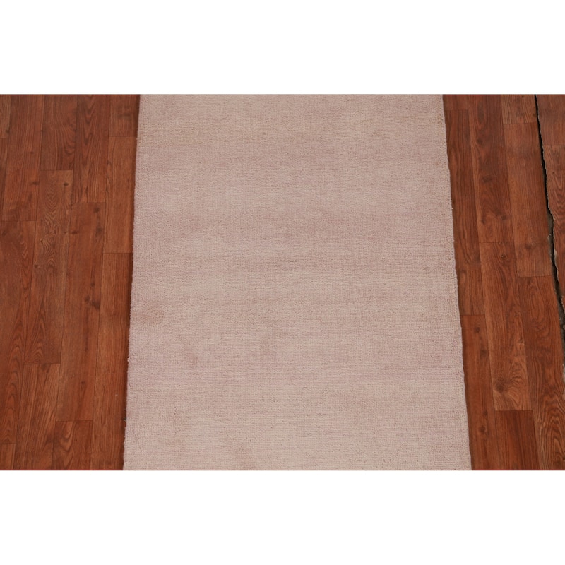 Hand Knotted Oriental 100% Wool Carpet Modern Solid Pink Gabbeh Runner Rug - 8' 3'' X 2' 7''