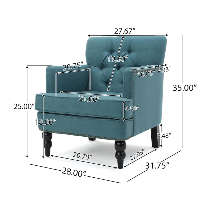 Lit Accent Club Armchair, Tufted Teal Fabric, Black Wood, Turned Legs