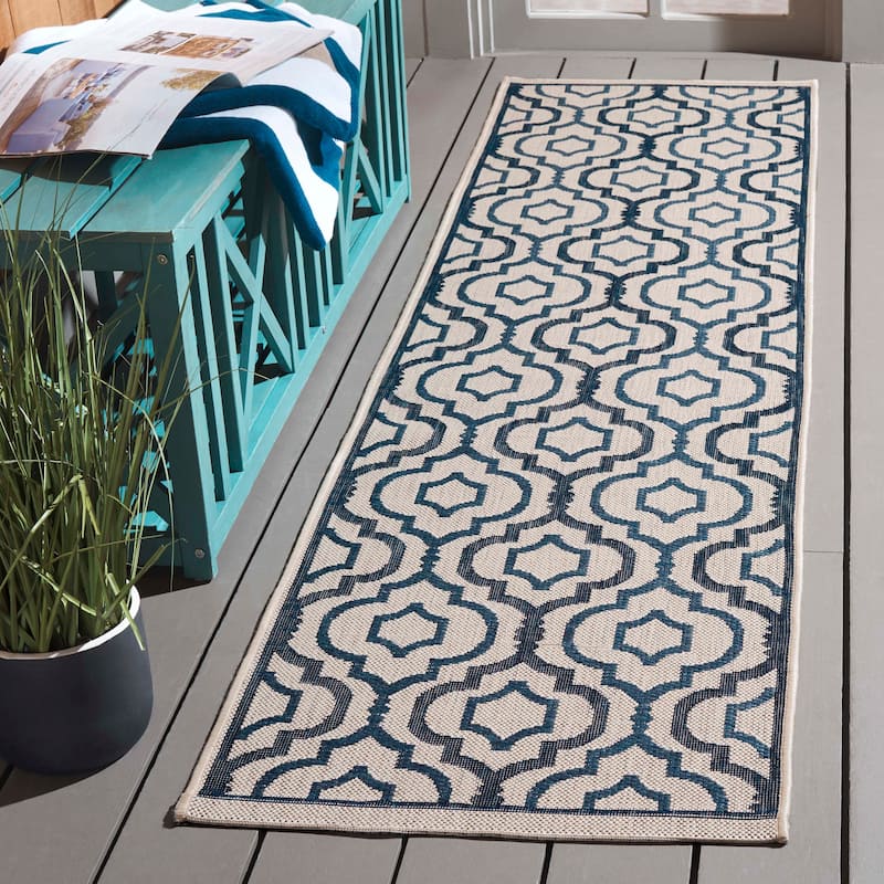 SAFAVIEH Courtyard Oyvor Indoor/ Outdoor Waterproof Patio Backyard Rug - 2'3" x 8' Runner - Beige/Navy