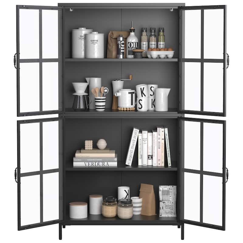 Metal Storage Cabinet with Tempered Glass Doors,Adjustable Shelves,Anti-Tipping Device,Magnetic Silent Closure,Adjustable Feet