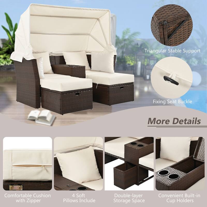 Convertible Outdoor Patio Daybed Loveseat Sofa Set with Retractable Canopy and Central Console