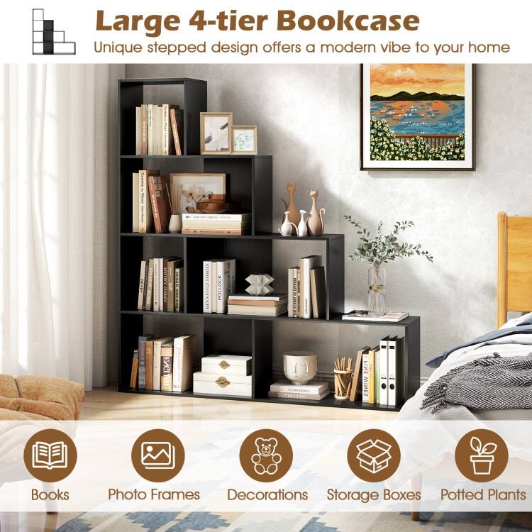 Engineered Wood Geometric Bookcase with 6 Cubes 4 Tier - 60" x 11" x 64" (L x W x H)
