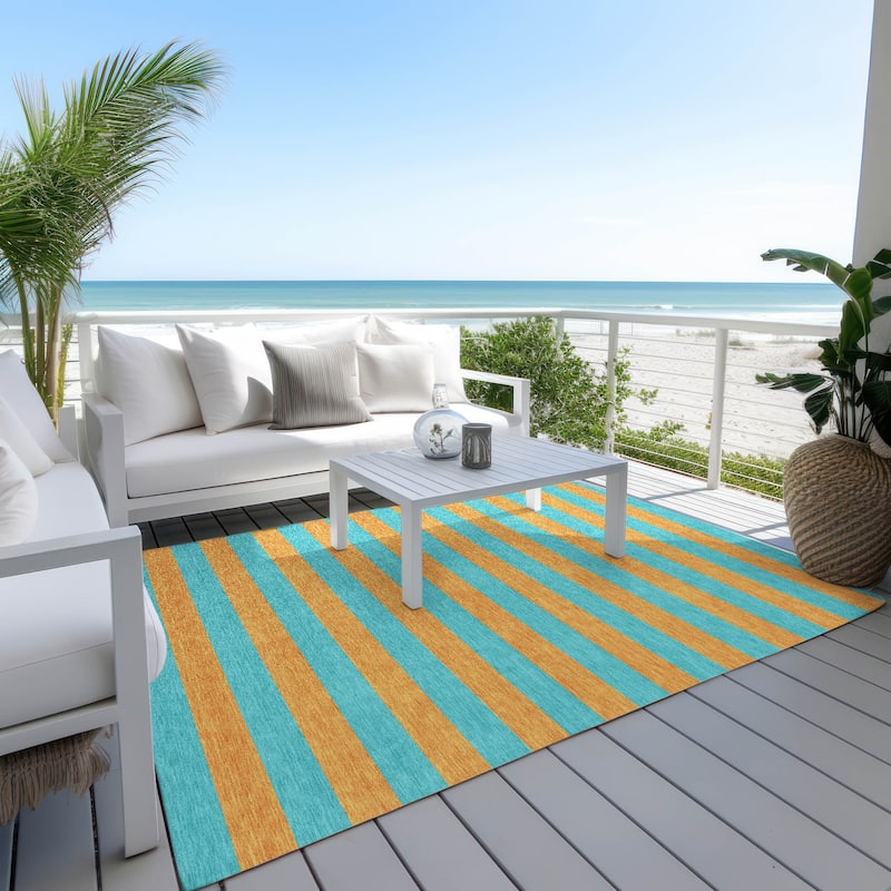Machine Washable Indoor/ Outdoor Cabana Stripe Chantille Rug - Aqua - 9' x 12'