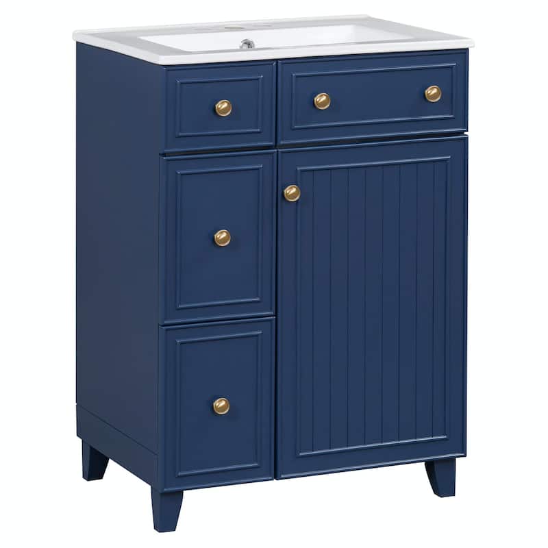 24-Inch Bathroom Vanity Cabinet with Ceramic Sink - 2 Drawers and 1 Door