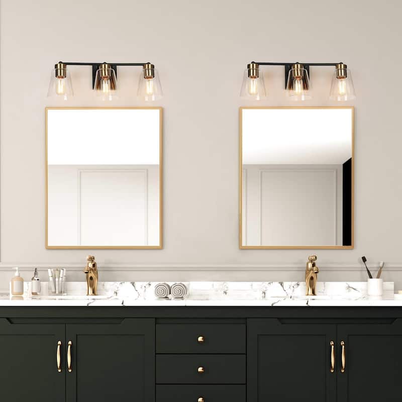 Airielle Black Gold 3-Lights Bathroom Vanity Lights Modern Farmhouse Wall Lamps with Cylinder Glass Shade