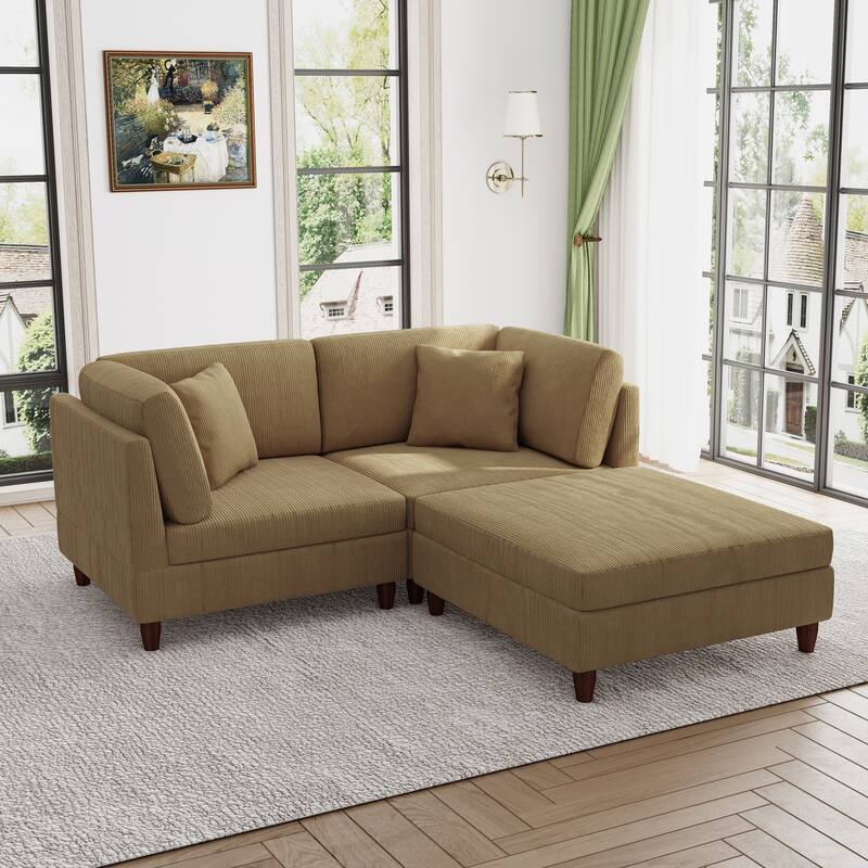 Modern Oversized Modular Corduroy Sectional Sofa Set - Brown 2 Armchair&1 Ottoman