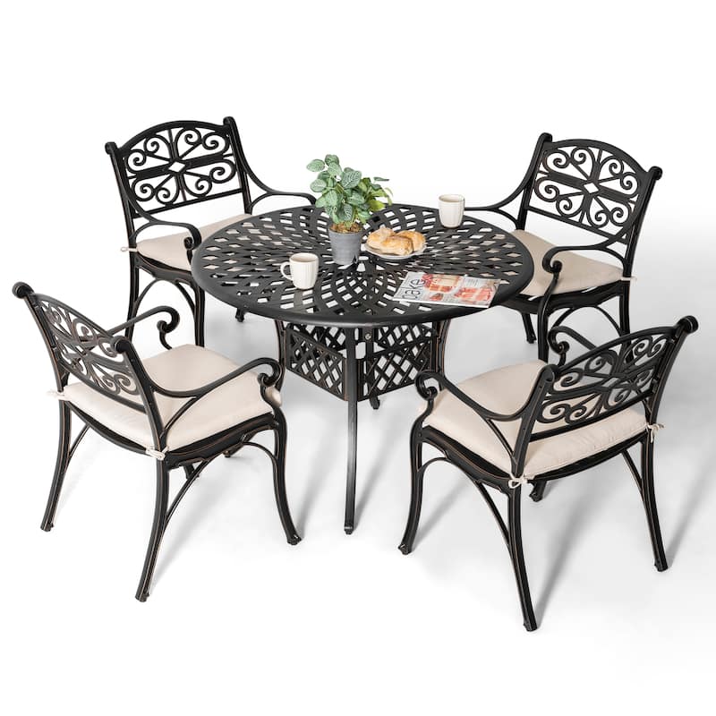 Patio 5 Pieces Cast Aluminum Dining Set with Umbrella Hole and Cushions