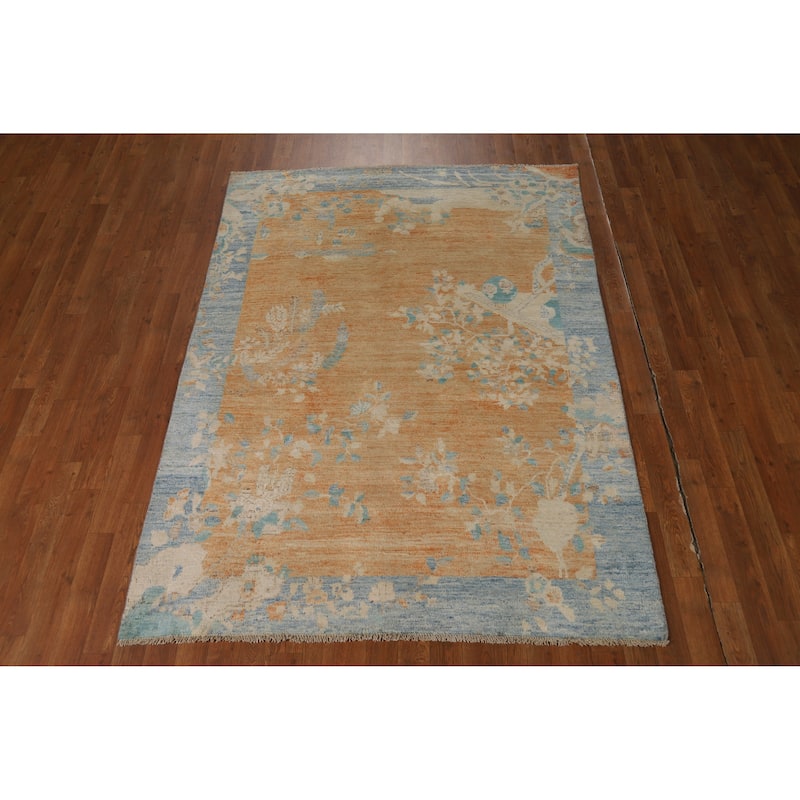 Vegetable Dye Orange Art Deco Turkish Rug Hand-Knotted Wool Carpet - 4'10"x 6'8"