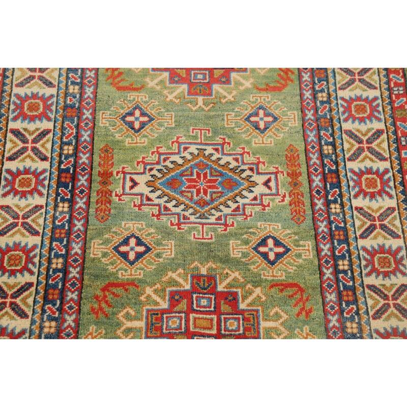 Light Green Kazak Oriental Accent Rug Handmade Wool Carpet - 3'2" x 4'11"