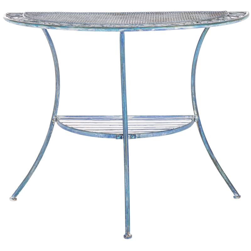 SAFAVIEH Outdoor Jaquelin Victorian Iron 2-Tier End Table - 39" W x 21" D x 32" H - 39Wx21Dx32H - Antique Blue