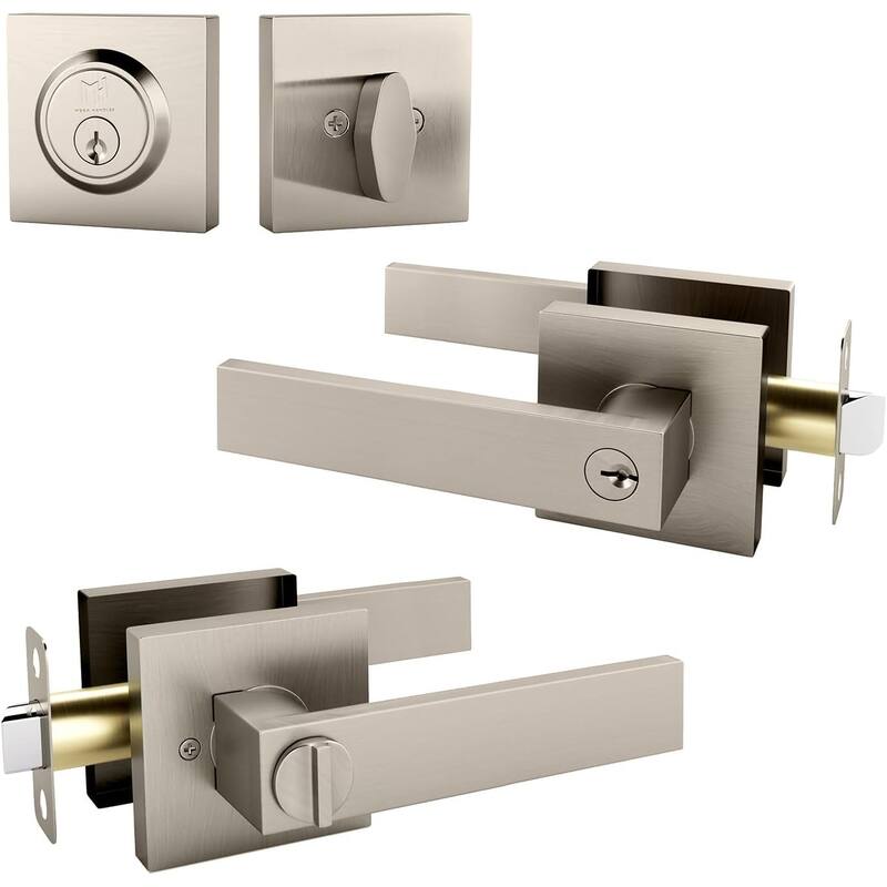 Mega Handles ROBELL Square Entry Lever and Deadbolt Combo | Front Door Lock Set | Modern Stainless Steel | Keyed Door Lever -  Reversible Handing|Satin Nickel