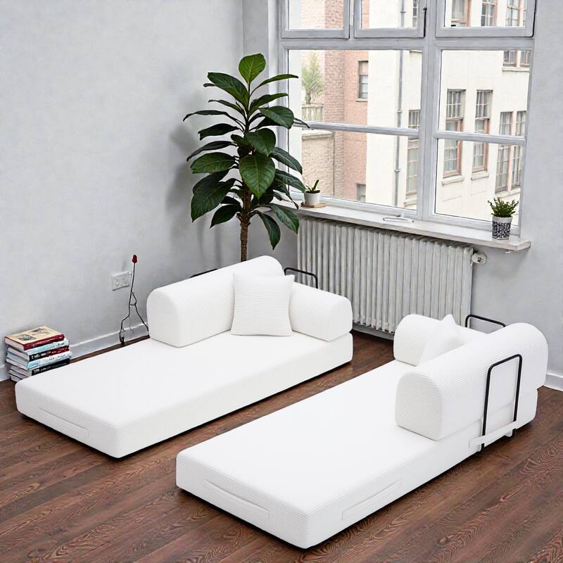 Convertible Sleeper Sofa Bed, 4-in-1 Corduroy Folding Floor Couch with Cylindrical Pillow, 2-Seat Space-Saving Lounge Sofa