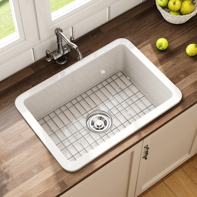 HOROW Undermount Fireclay 27 in. Single Bowl Kitchen Sink, with Grid and Strainer in White