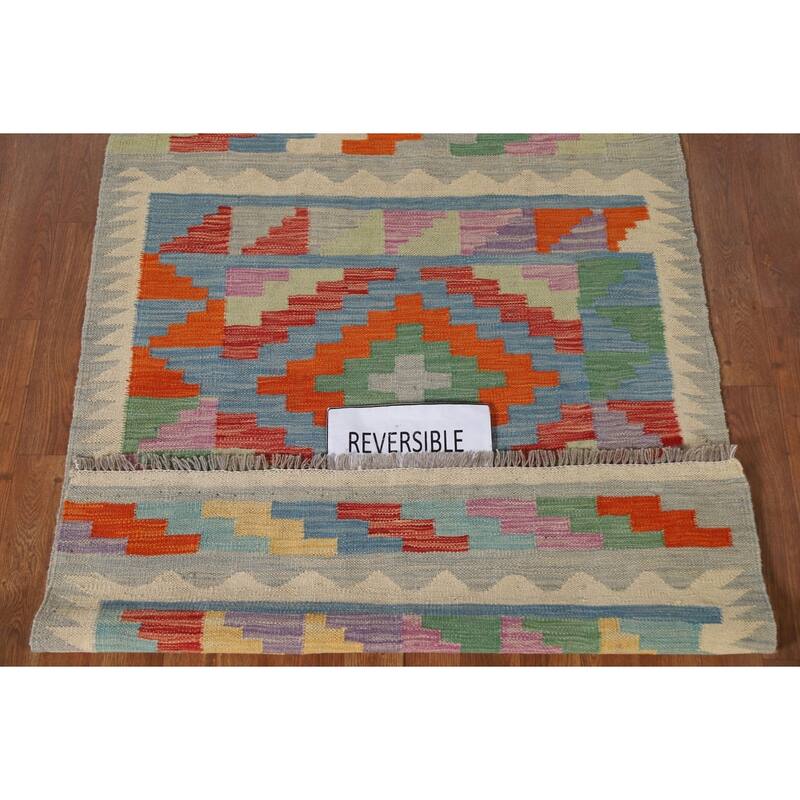 Multicolor Geometric Kilim Oriental Area Rug Hand-Woven Wool Carpet - 3'3"x 4'8"