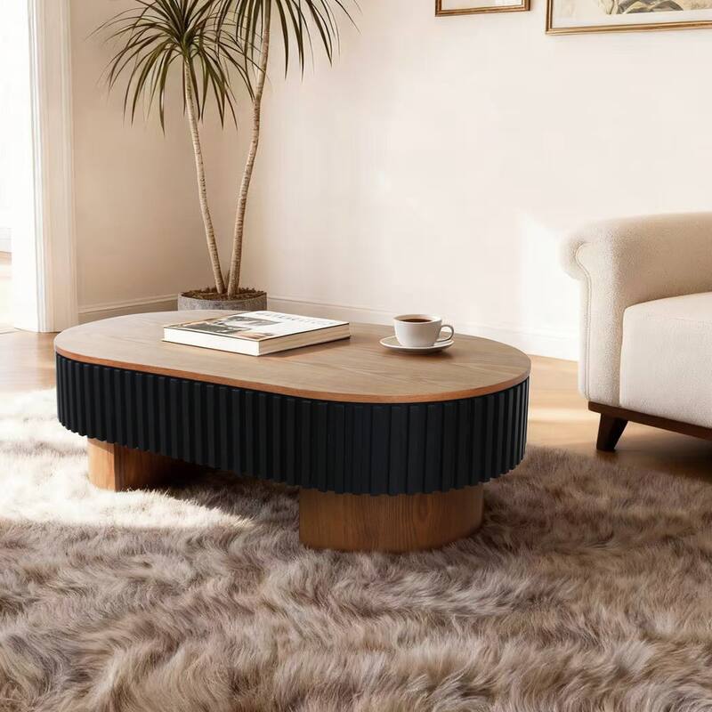 Oval Coffee Table with Hidden Storage, Low Profile Wood Center Table Stylish Tea Table with Solid Wood Veneer & Removable Top