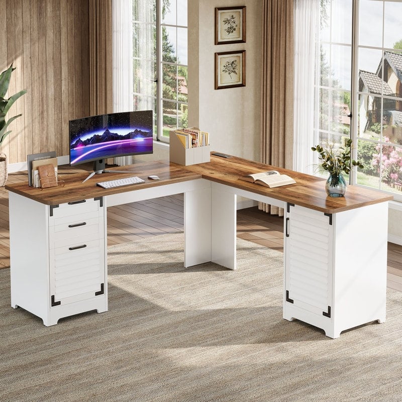 L Shaped Executive Computer Desk with Power Outlets and Type-C & USB Ports - Rustic Brown and White