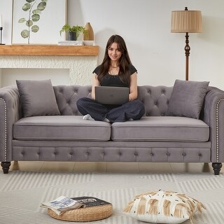 Classic 3 Seater Velvet Chesterfield Sofa, 85.5" Button Tufted Sofa ...