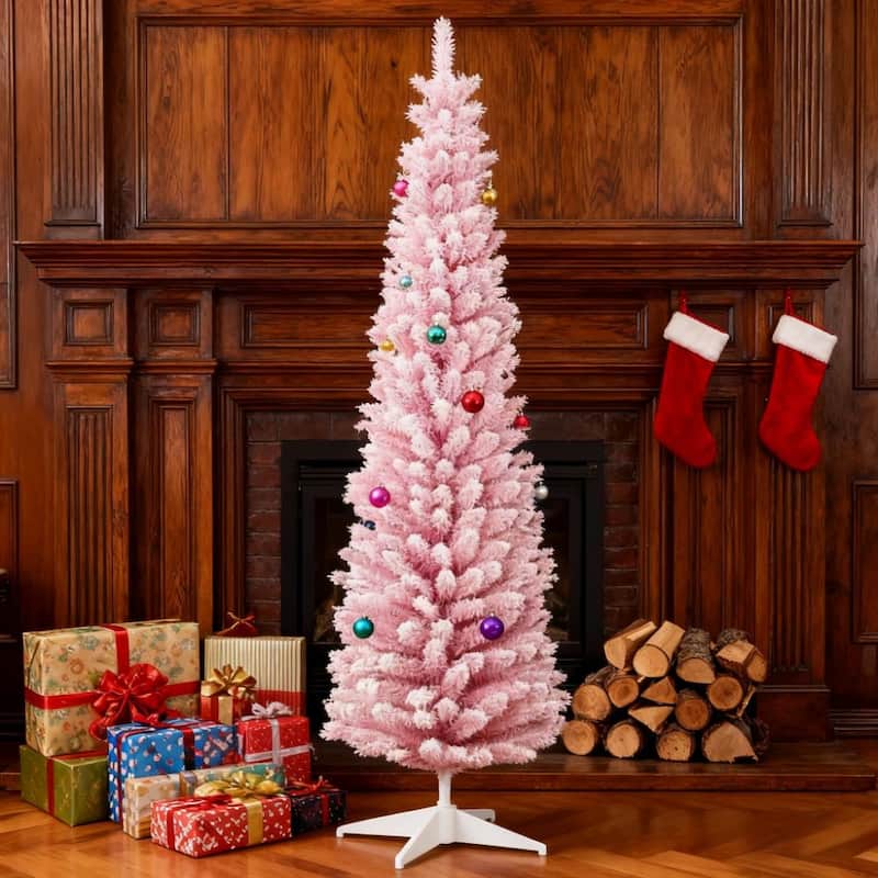 Snow Flocked Artificial Christmas Tree,Decorated Christmas Tree,with Pencil Shape, Realistic Branches - Pink