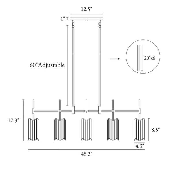 dimension image slide 1 of 2, Tifany Modern 5-Light Black Chandelier Large Linear 45. IN Colored Glass Kitchen Island Lights - L 45.3" x W 4.3" x H 17.3"