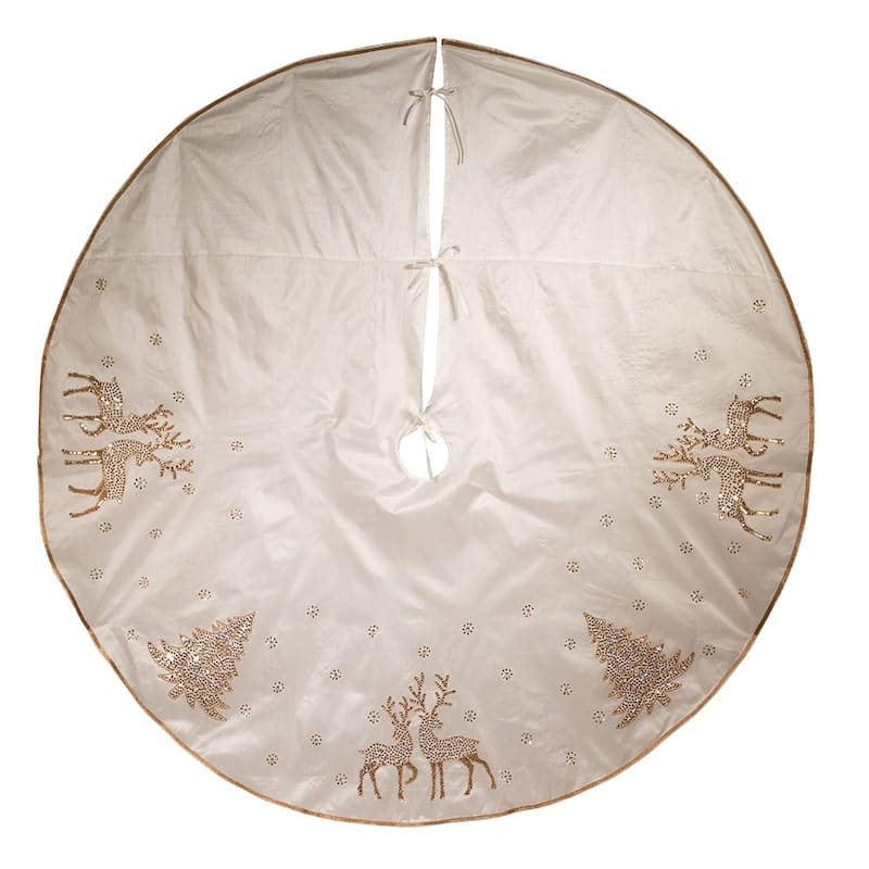 Kurt Adler 72-Inch White Tree Skirt with Gold Glitter Tree and Reindeer Design - Multi