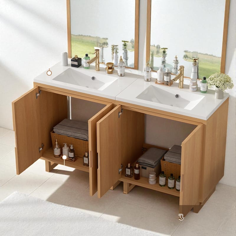 60.2" Bathroom Vanity with Sink, Solid Wood Frame, 4 Soft-Close Doors and Large Storage Cabinet