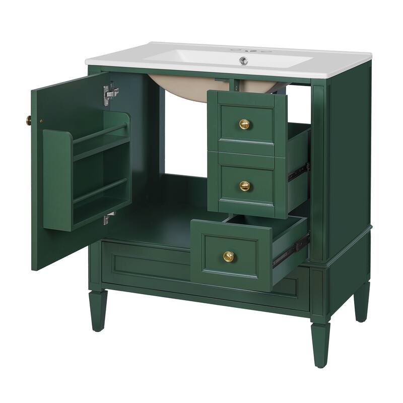 GDFStudio - Melshire Modern Freestanding Bathroom Vanity with Ceramic Sink and 3 Drawer Storage, Ideal for Home - 30'W