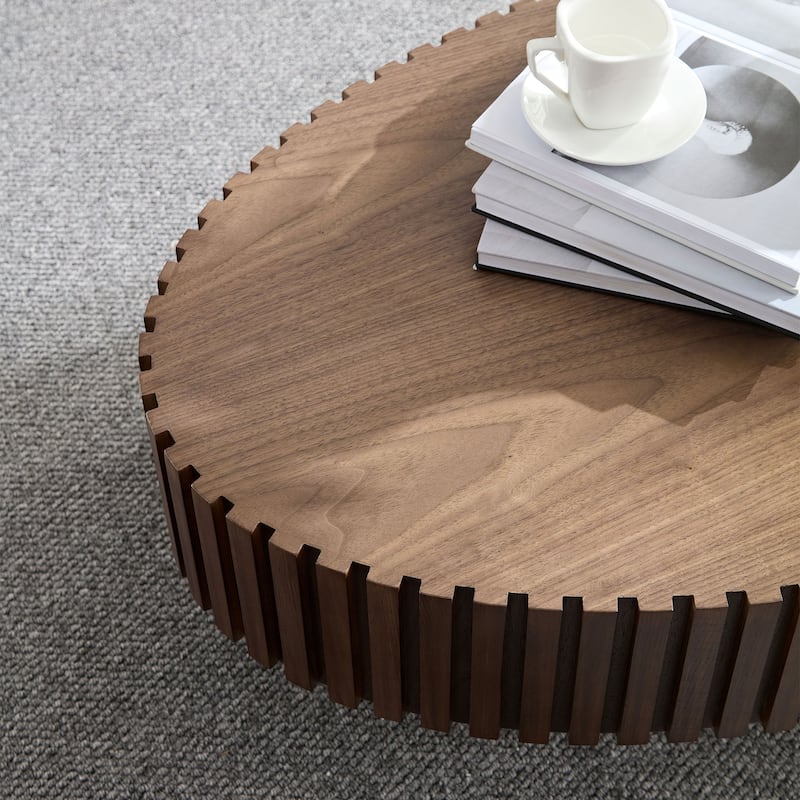 Oval Compact Low Coffee Table Handcraft Drum Small Center Table with Side Fluted Design and Wood Grain for Living Room Office