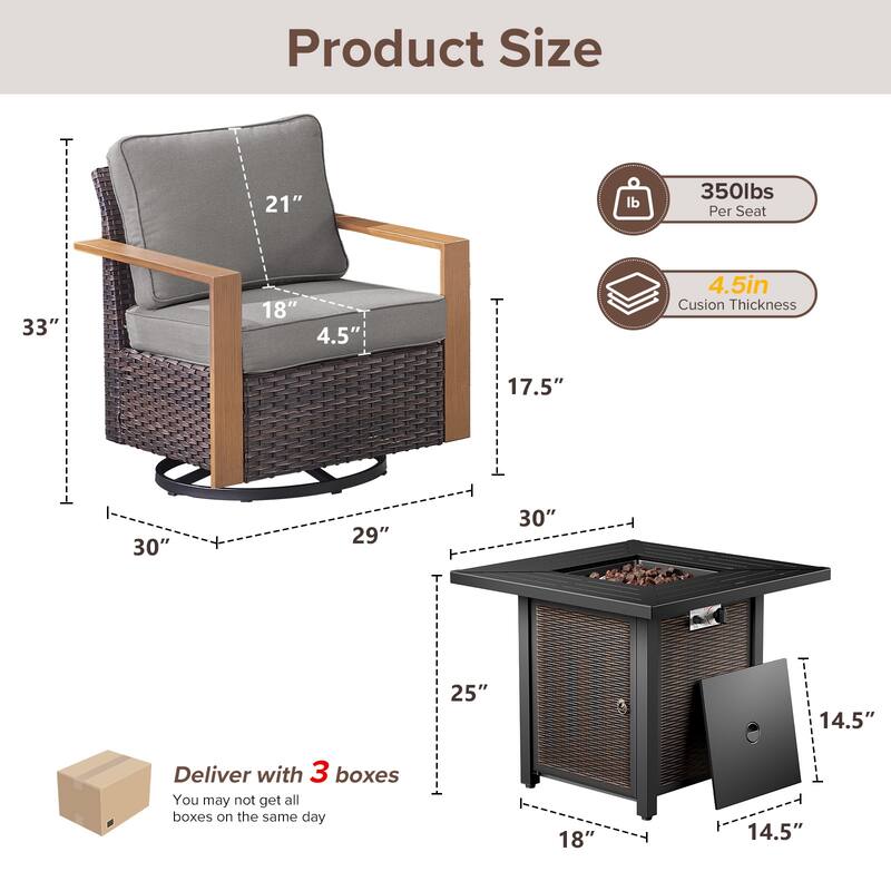 Meyreso 5-Piece Wicker Swivel Glider Metal Fire Pit Set with Plush 4.5" Olefin Cushions