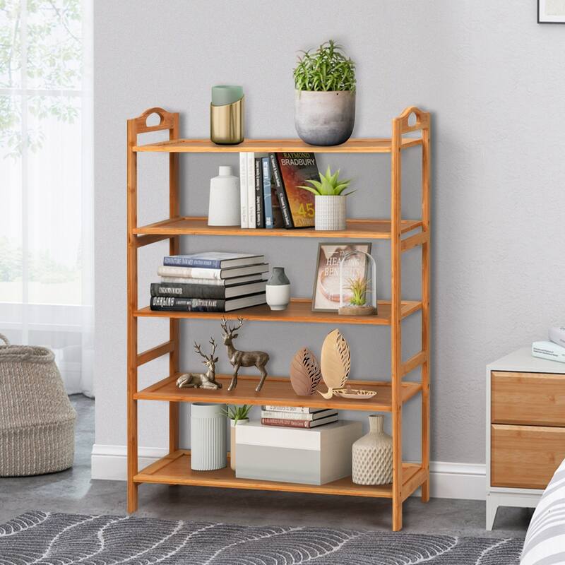 Natural 5-Tier Wicker Free-Standing Shoe Rack with Two Handle Perfect for 15 Pairs - 26.5” x 10.5” x 38” (L x W x H)