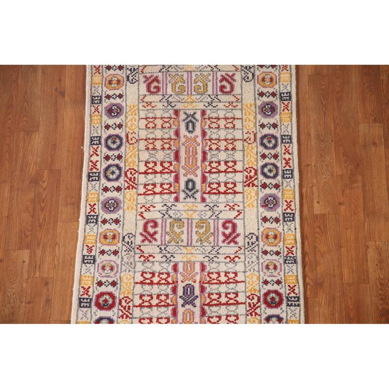 Tribal Geometric Khotan Runner Rug Handmade Wool Carpet - 2'6"x 8'0"