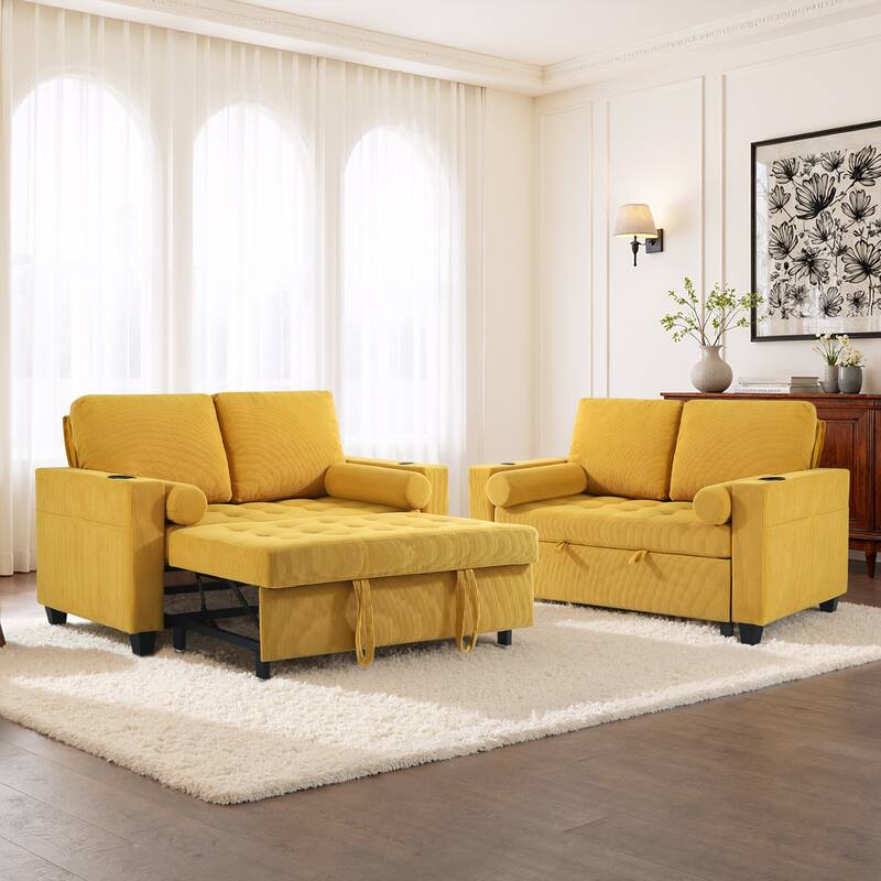 2 Set Corduroy Convertible Sleeper Sofa Bed Loveseats with Cup Holder, USB Ports & Storage - Yellow