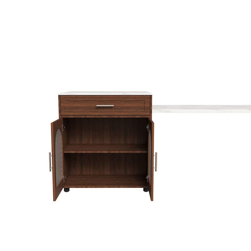 80" Expandable Kitchen Island with Dining Table with Marble-Grain Countertop with Power Outlet