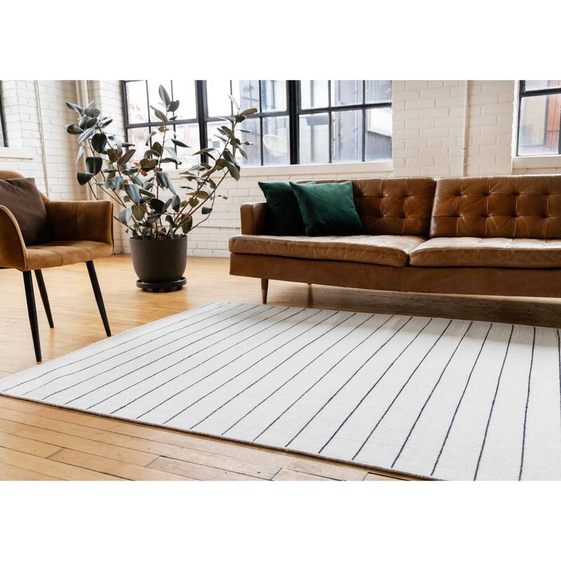White Black Striped Handmade Wool Rug