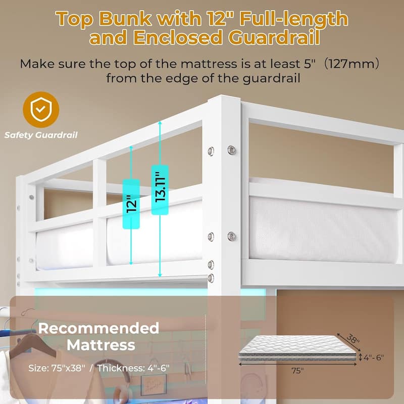 Bunk Bed Twin Over Twin Size with Desk Charging Station L-Shaped Metal