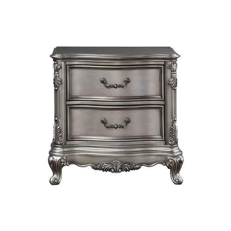 Wooden Nightstand with 2 Drawers in Antique Platinum Finish