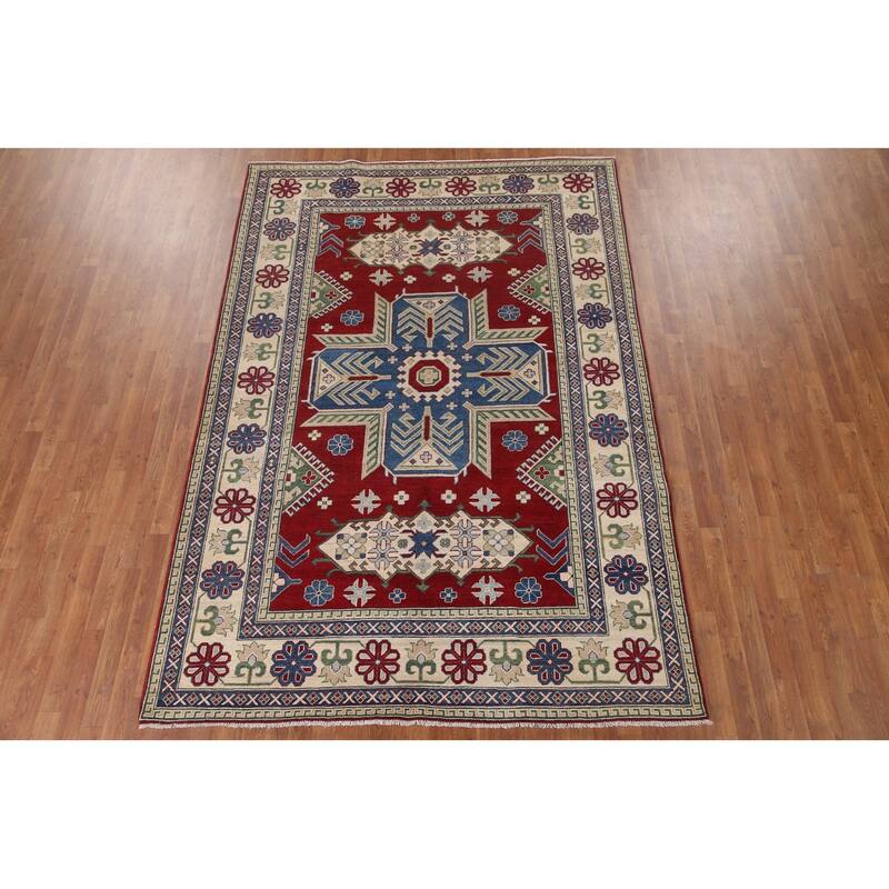 Hand Knotted Oriental 100% Wool Carpet Traditional Geometric Red Kazak Area Rug - 9' 10'' X 6' 9''