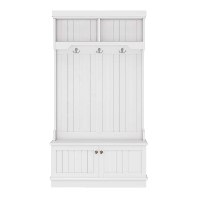 GDFStudio - Cherry Hall Tree with Shoe Bench, Coat Hooks and Display Shelves - 4-in-1 Entryway Organizer